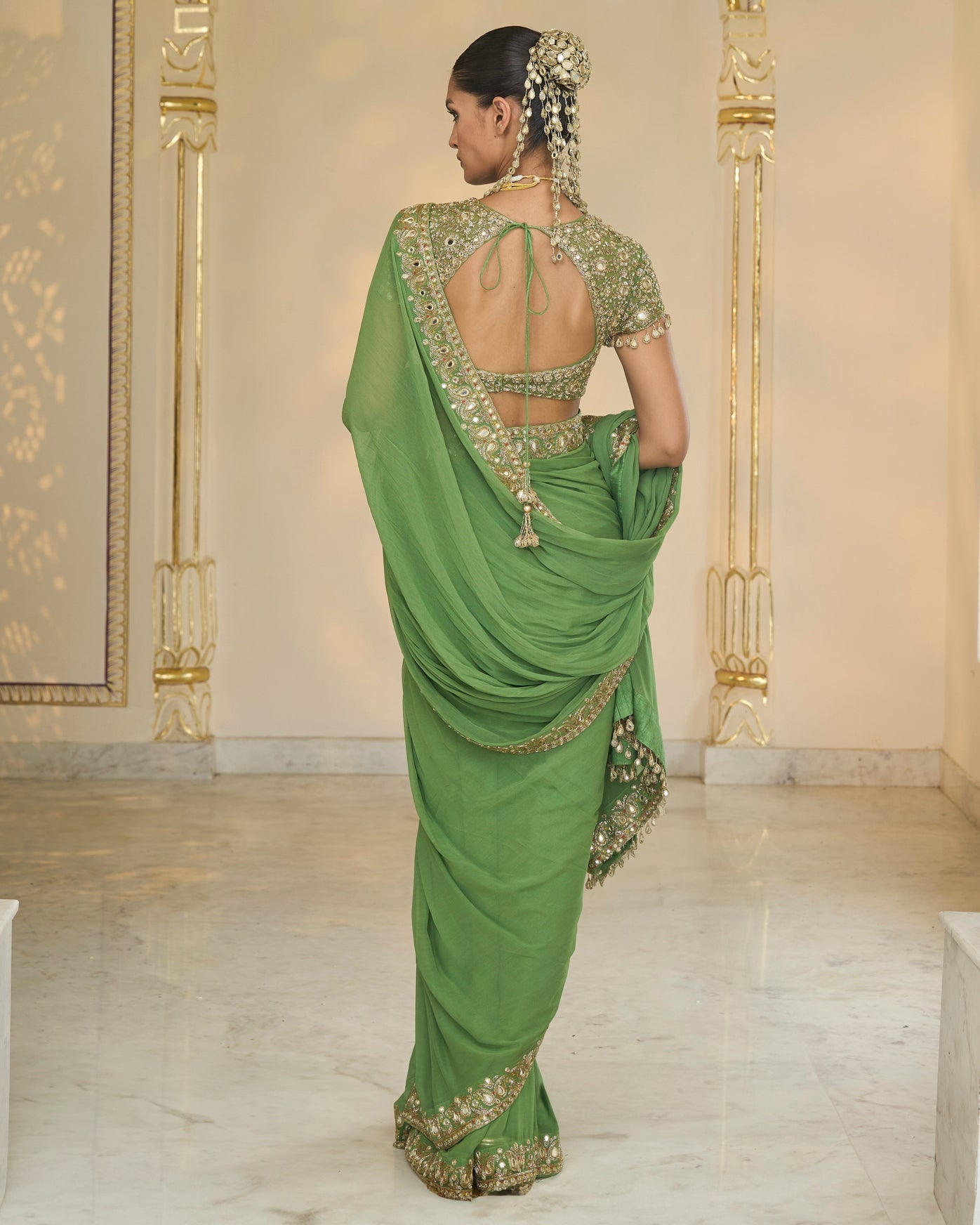Warm Olive Classic Hand Embroidered Sari Set
