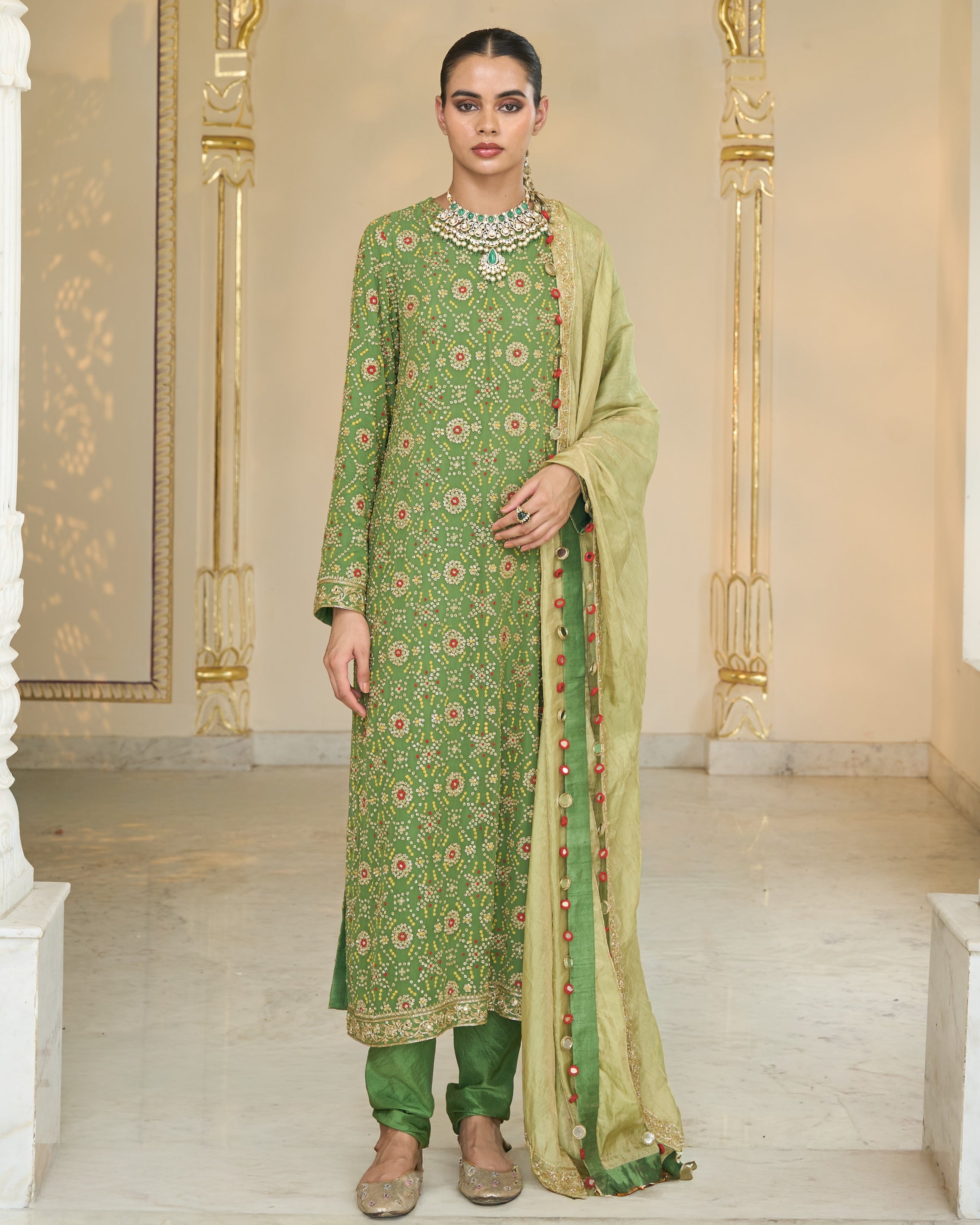 Warm Olive Long Bandhani Kurta With Tissue Dupatta Set