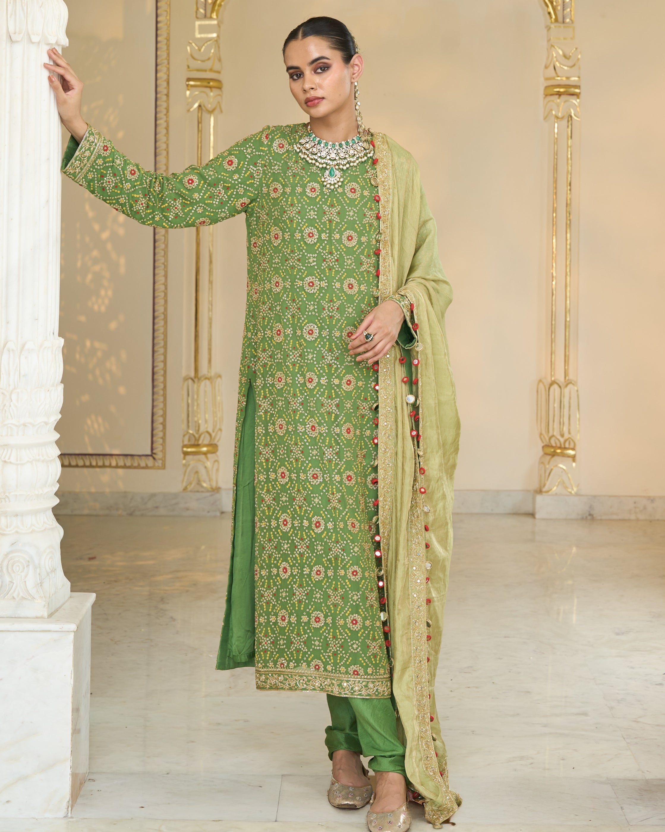 Warm Olive Long Bandhani Kurta With Tissue Dupatta Set