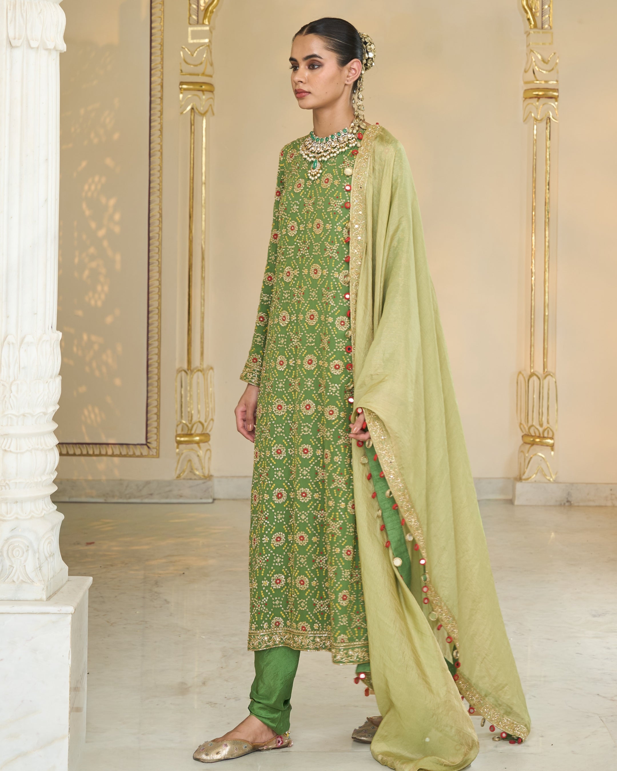 Warm Olive Long Bandhani Kurta With Tissue Dupatta Set