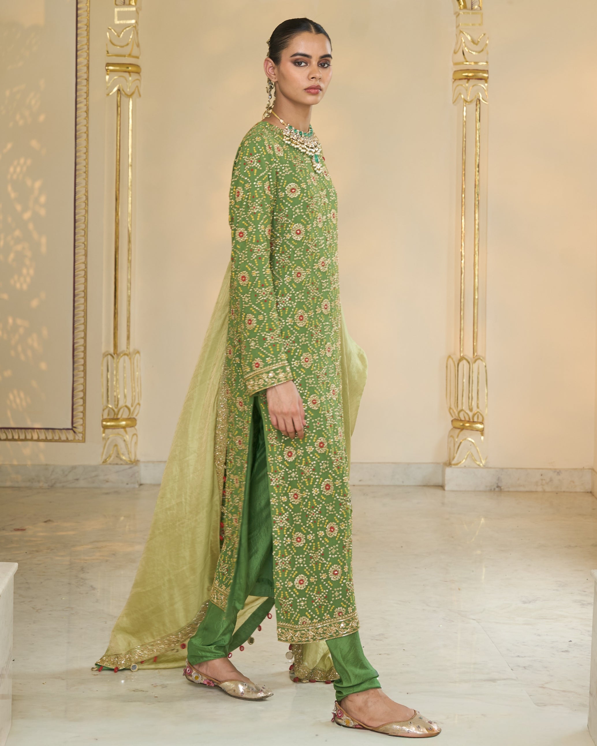 Warm Olive Long Bandhani Kurta With Tissue Dupatta Set