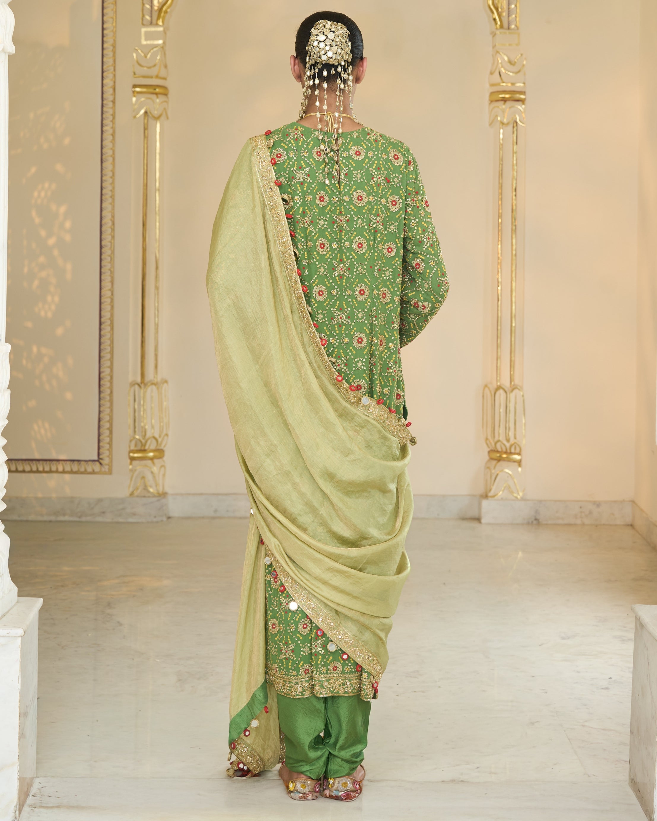 Warm Olive Long Bandhani Kurta With Tissue Dupatta Set