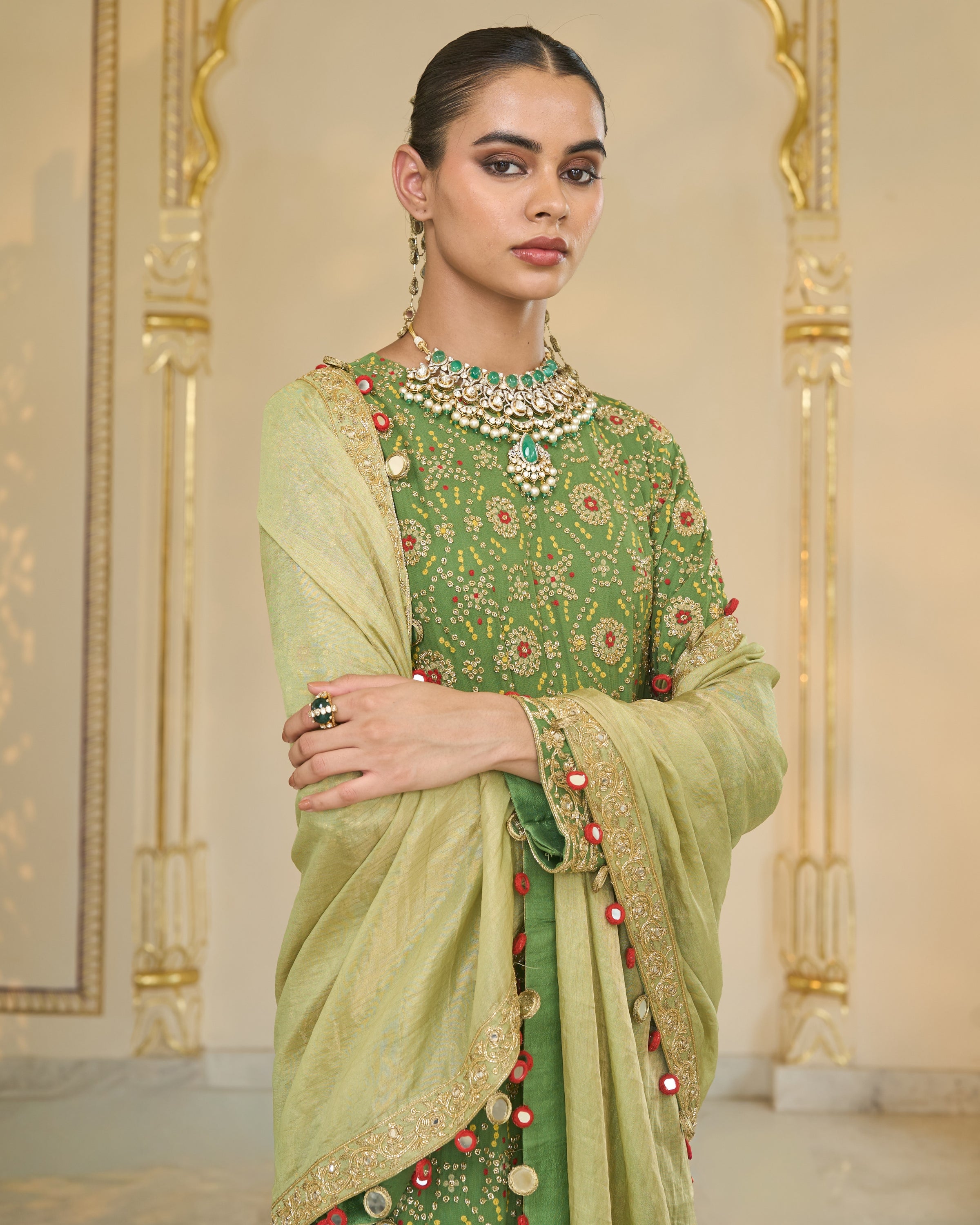 Warm Olive Long Bandhani Kurta With Tissue Dupatta Set