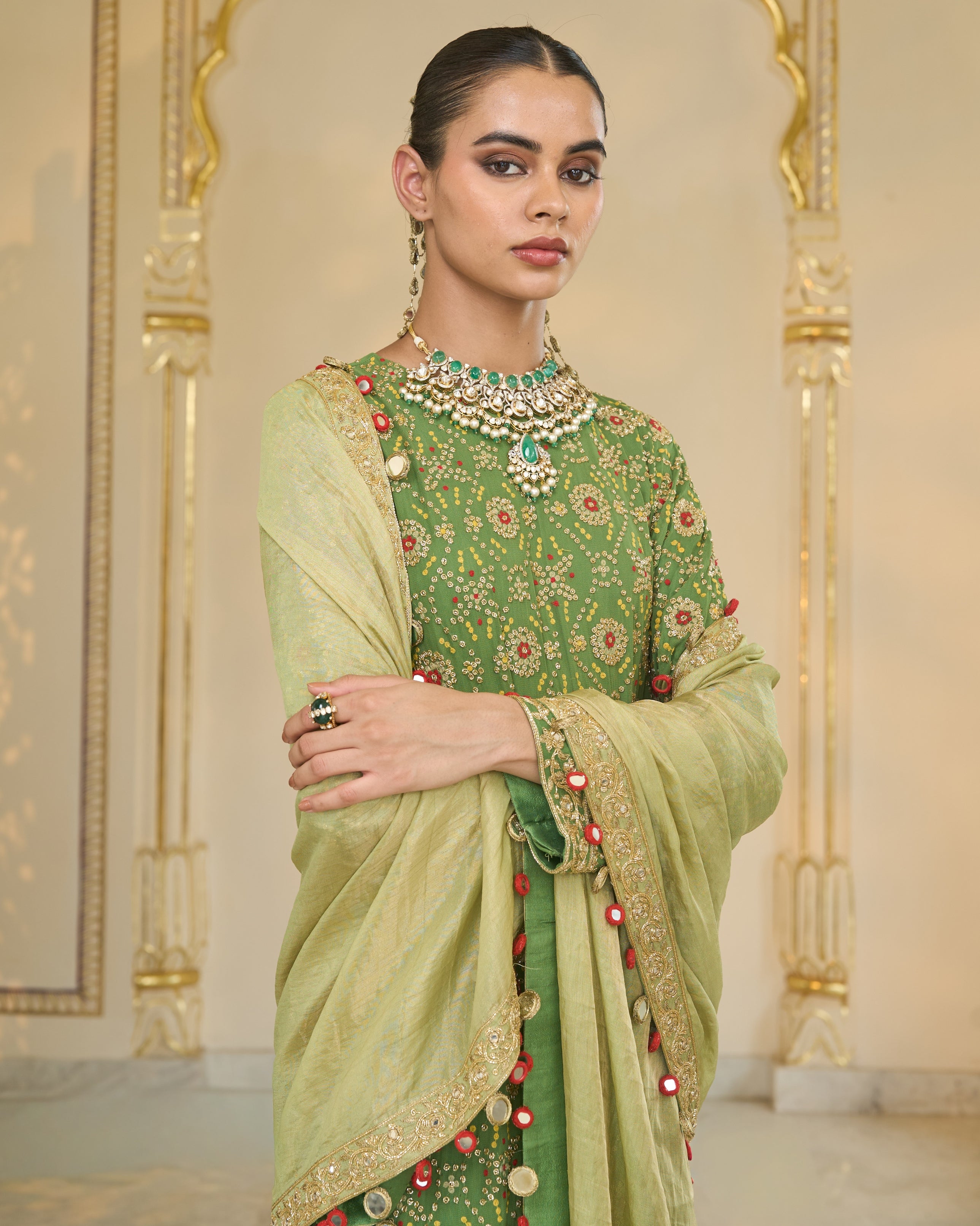 Warm Olive Long Bandhani Kurta With Tissue Dupatta Set