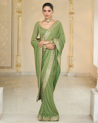 Warm Olive Shand Embroidred Star Sari Set