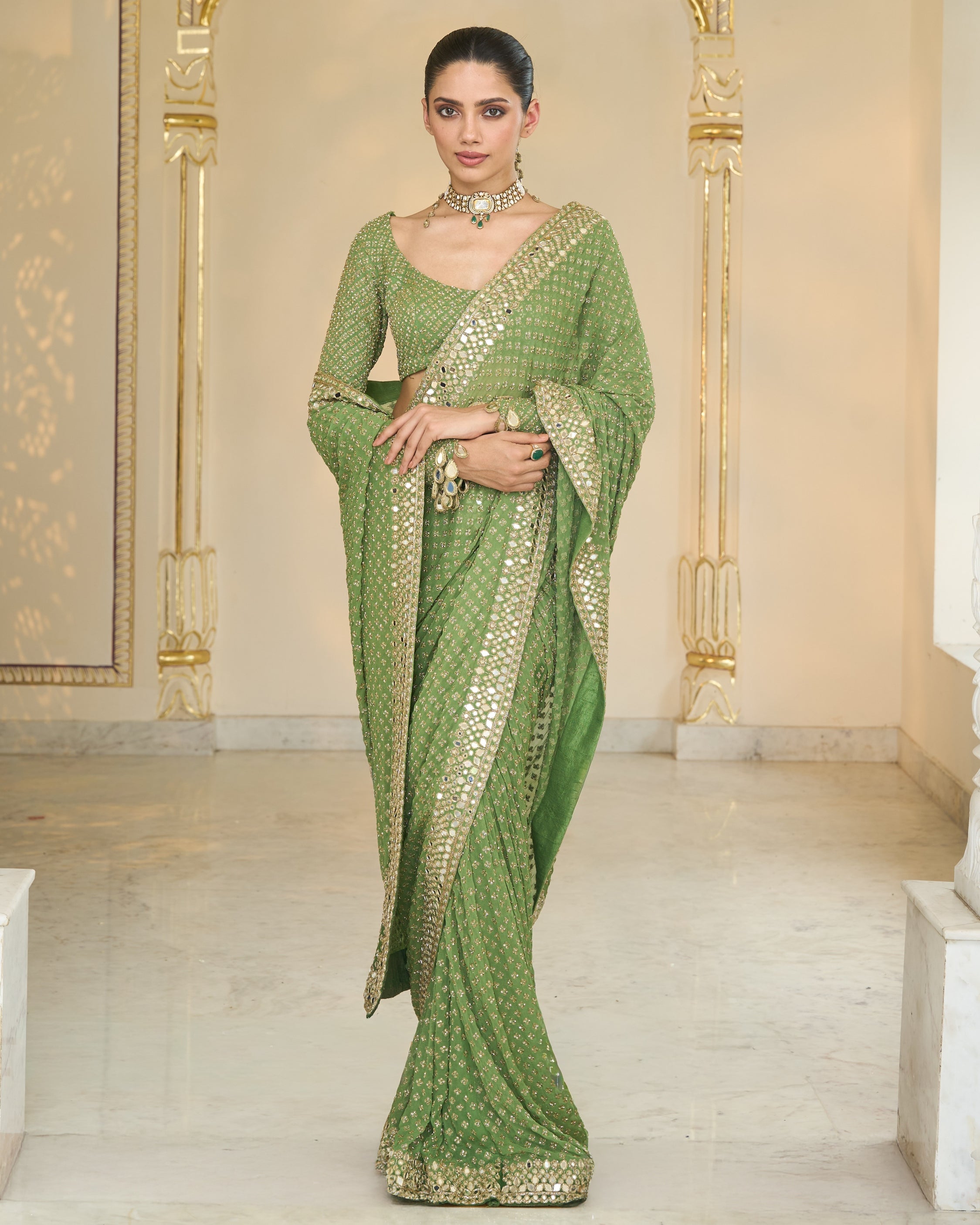 Warm Olive Shand Embroidred Star Sari Set