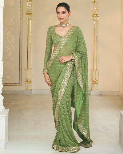 Warm Olive Shand Embroidred Star Sari Set