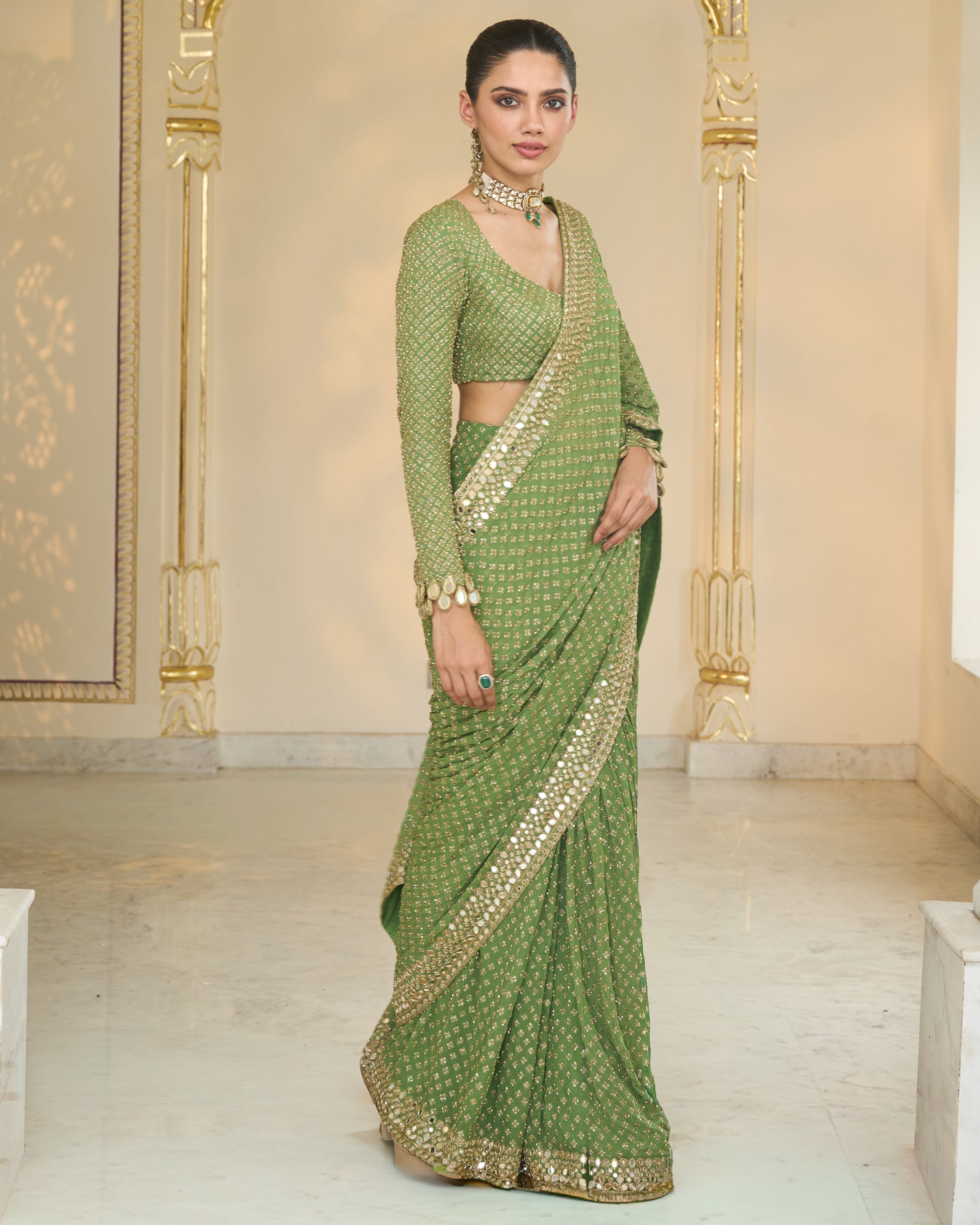 Warm Olive Shand Embroidred Star Sari Set