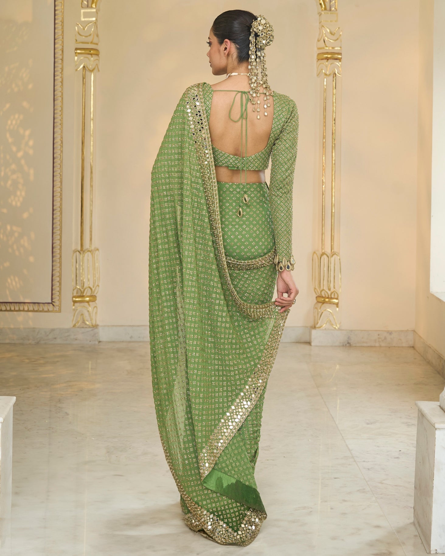 Warm Olive Shand Embroidred Star Sari Set