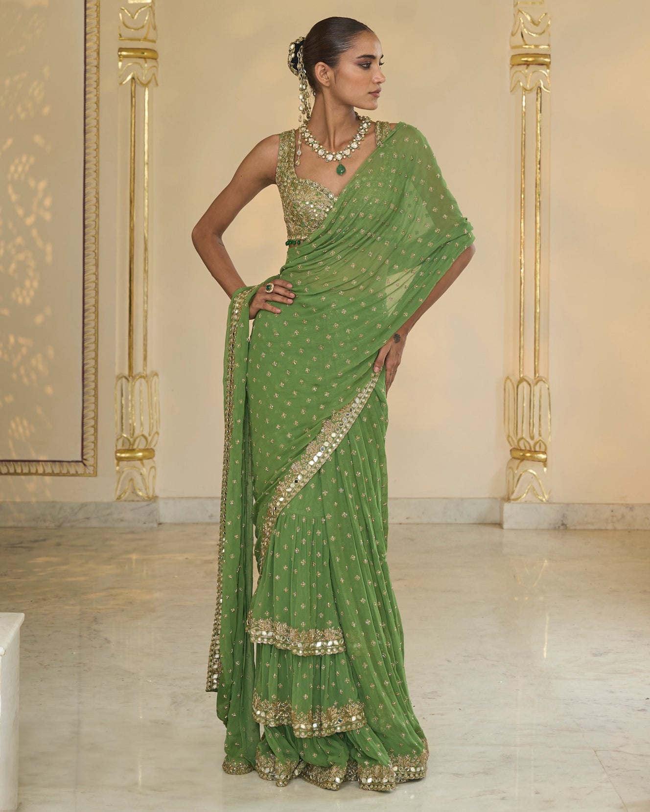 Warm Olive Hand Embroidered Ruffle Sari Set