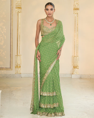 Warm Olive Hand Embroidered Ruffle Sari Set