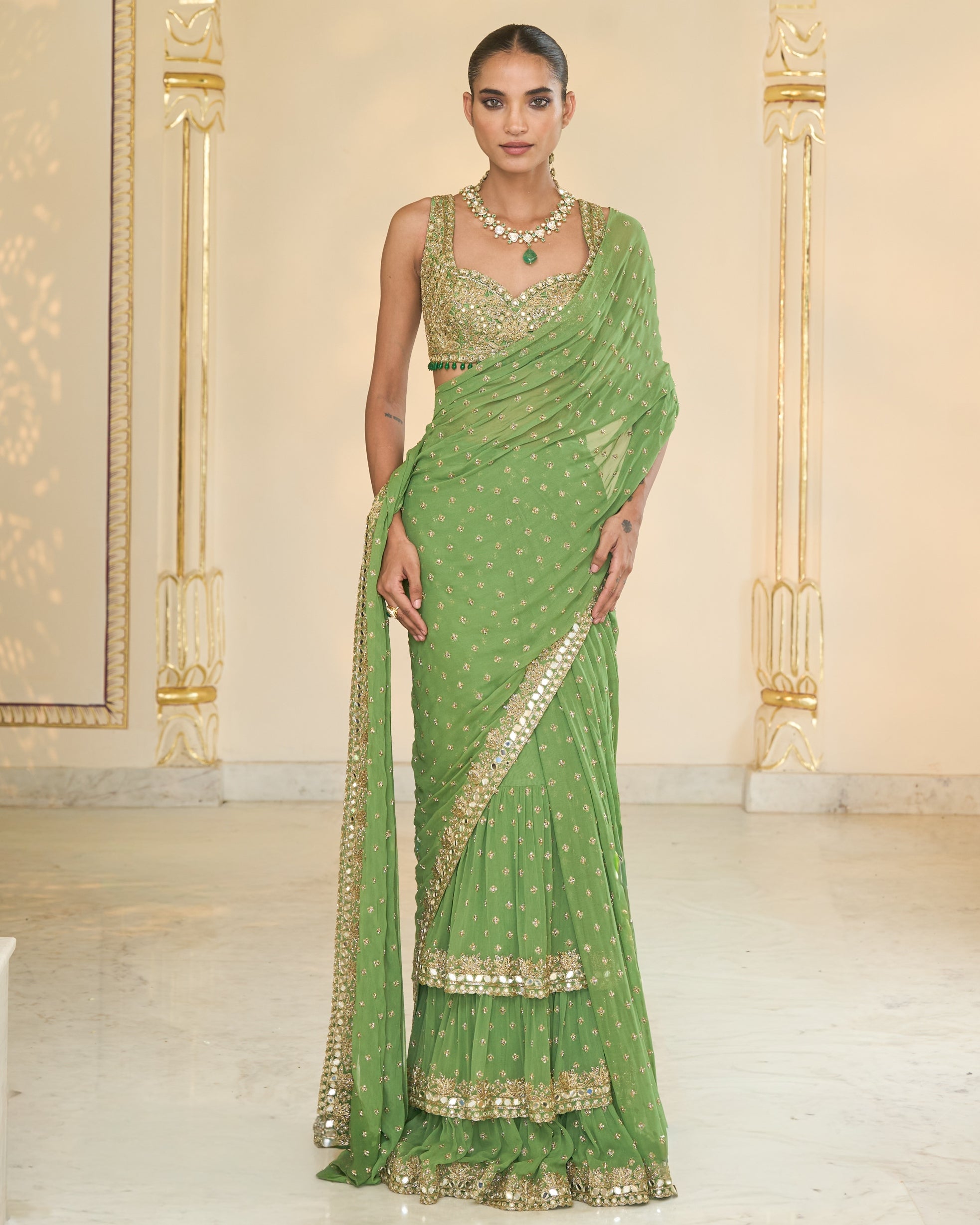 Warm Olive Hand Embroidered Ruffle Sari Set