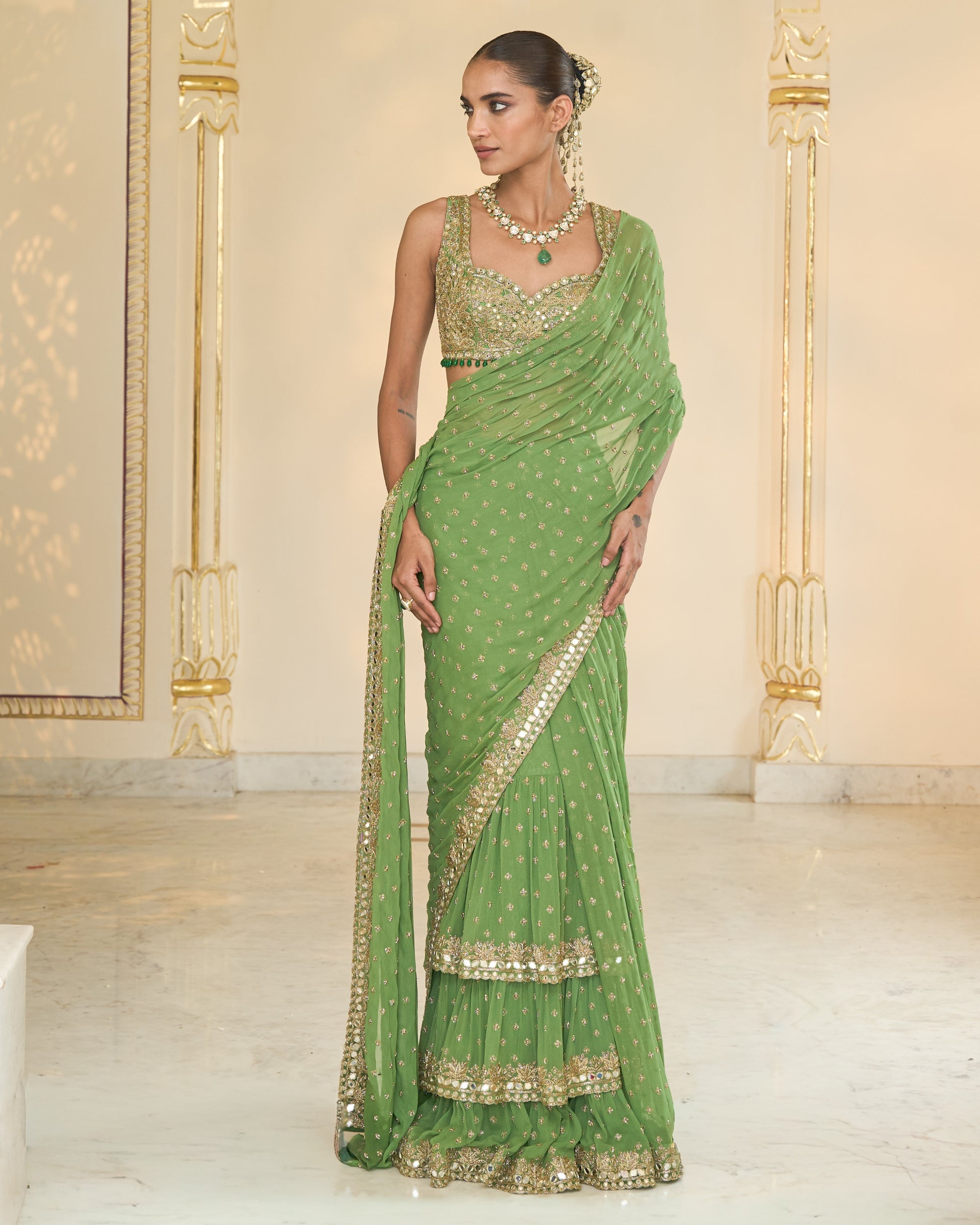 Warm Olive Hand Embroidered Ruffle Sari Set