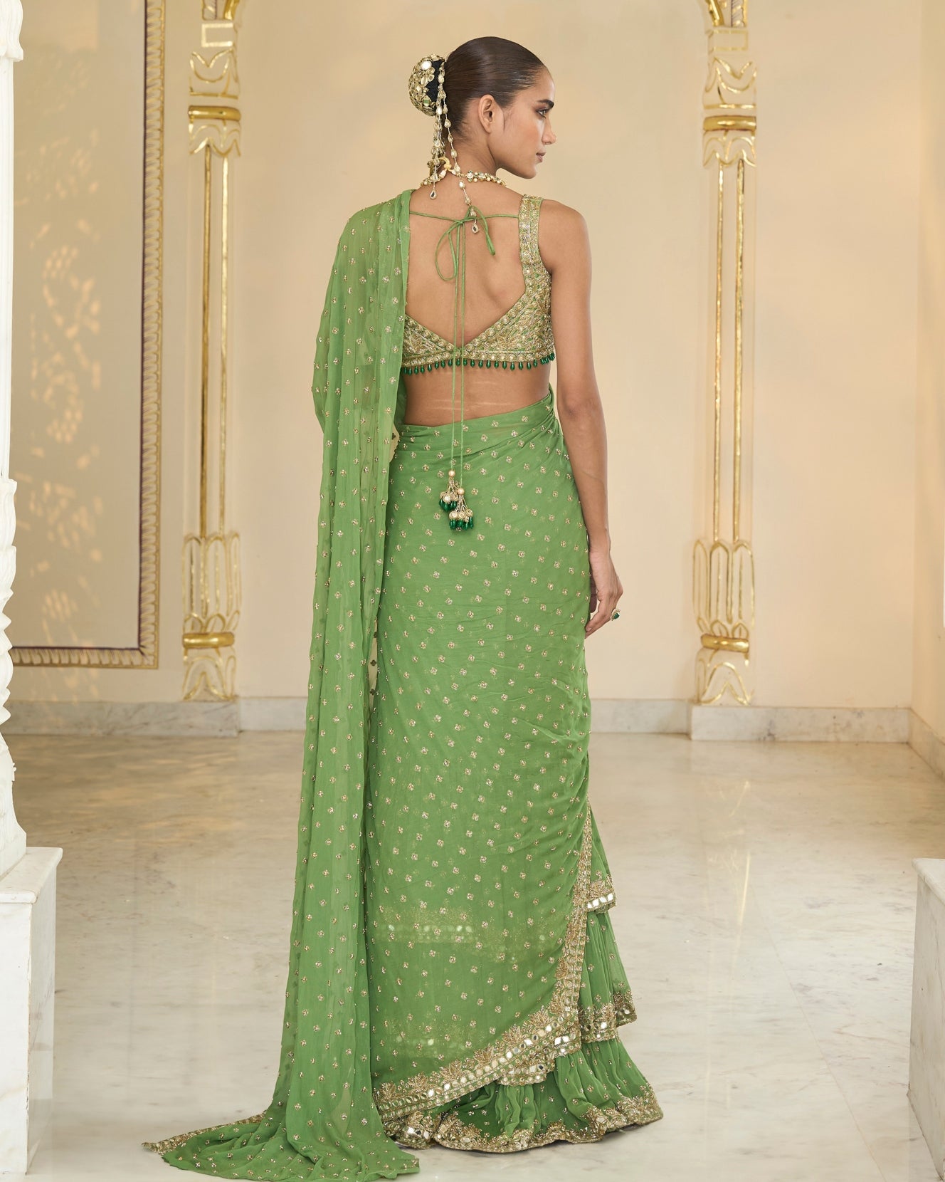 Warm Olive Hand Embroidered Ruffle Sari Set