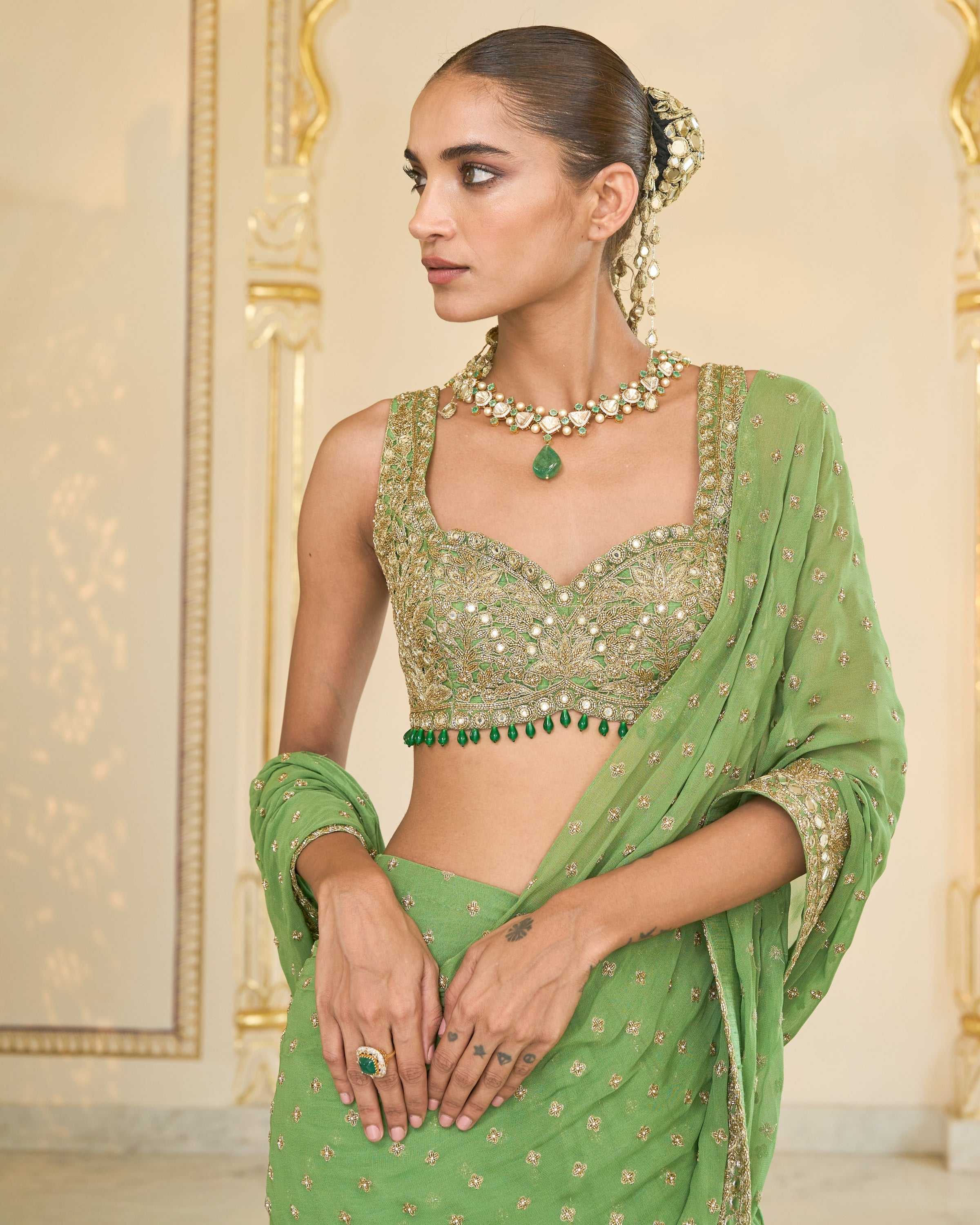 Warm Olive Hand Embroidered Ruffle Sari Set