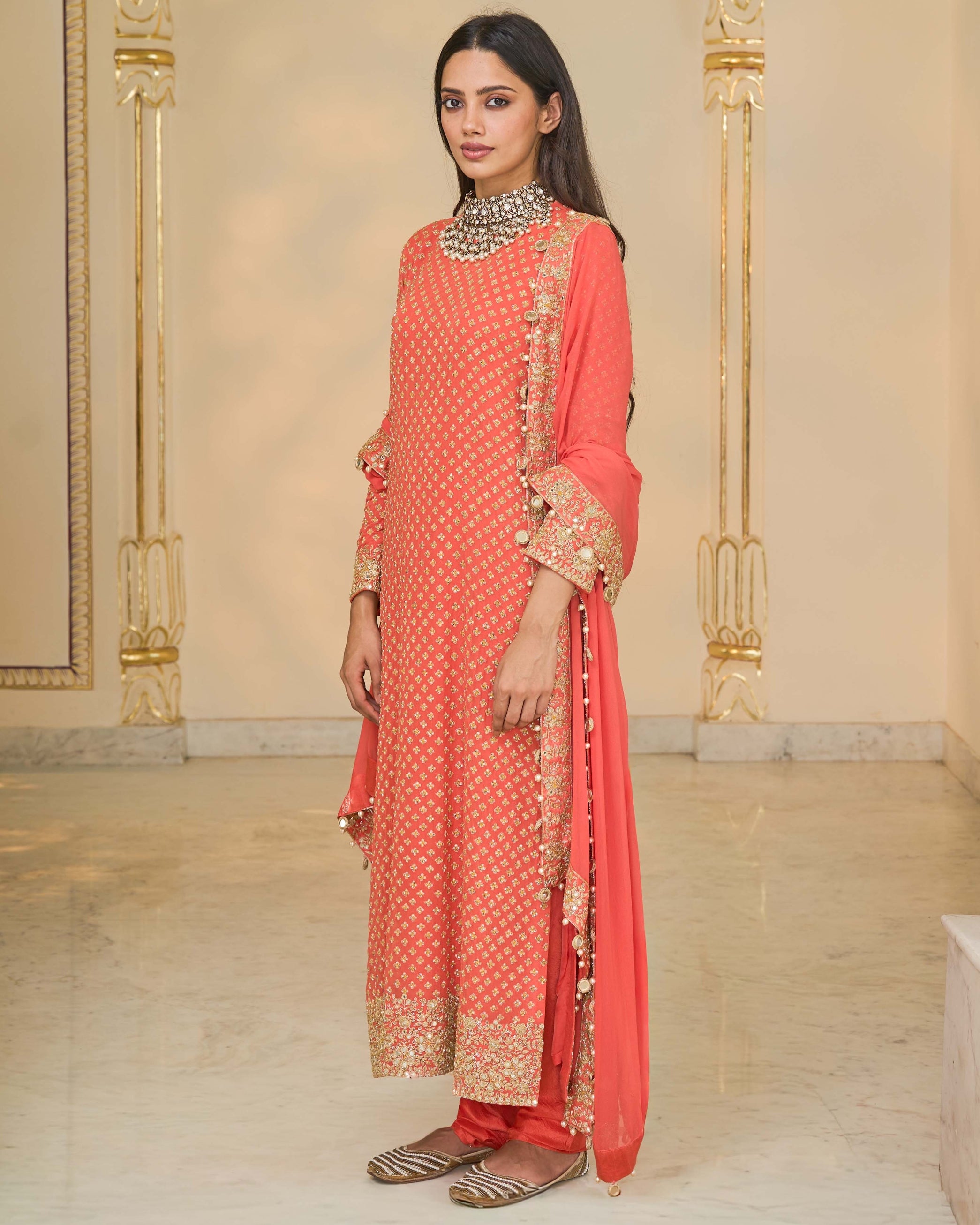 Warm Coral Long Bandhani Kurta With Tissue Dupatta Set