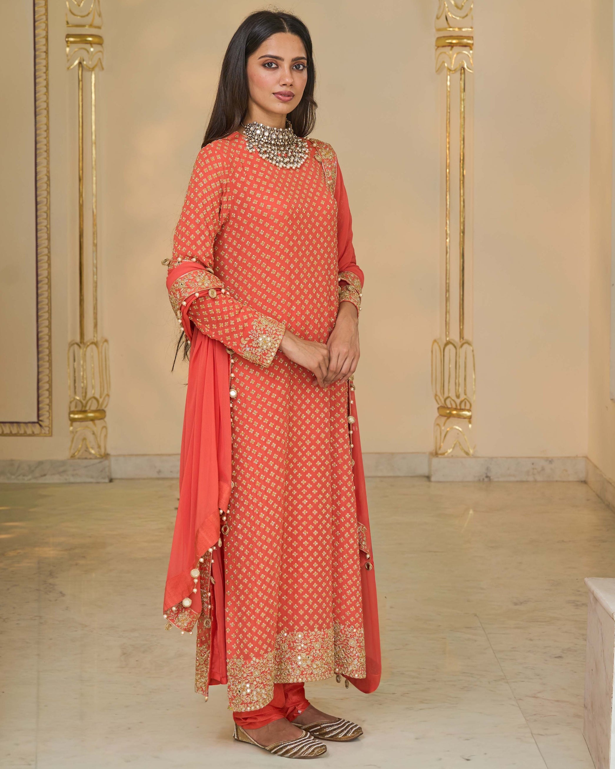Warm Coral Long Bandhani Kurta With Tissue Dupatta Set