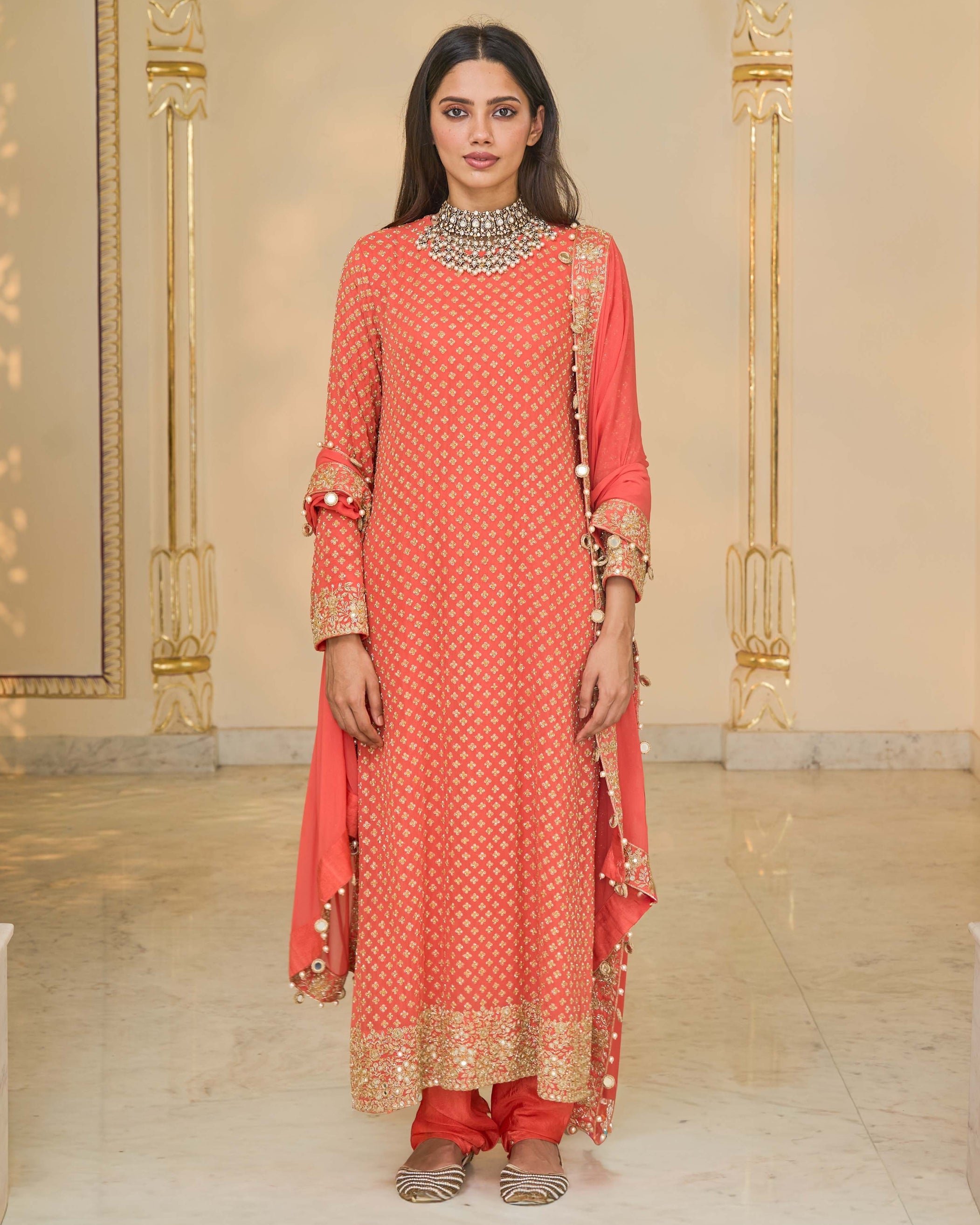 Warm Coral Long Bandhani Kurta With Tissue Dupatta Set