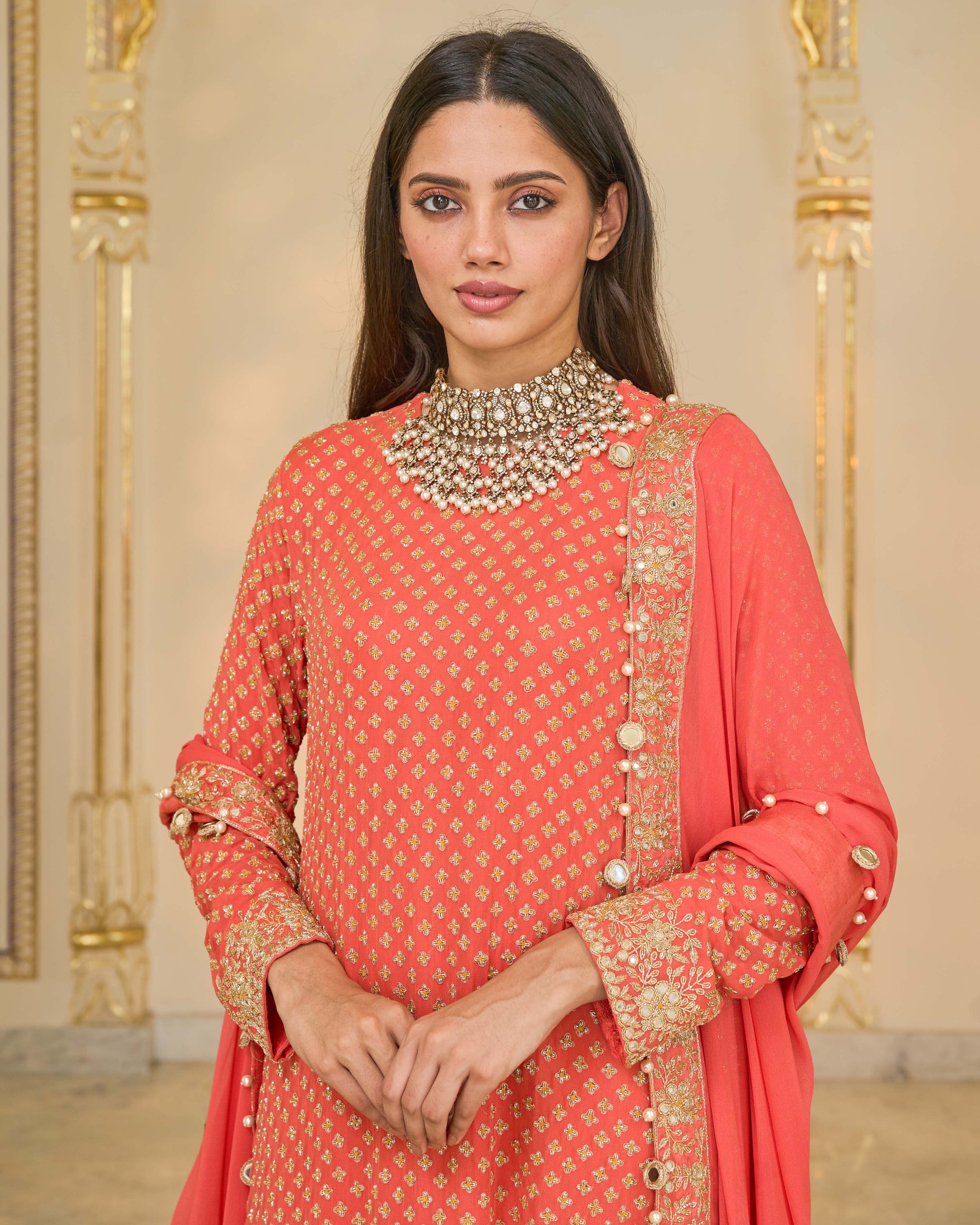 Warm Coral Long Bandhani Kurta With Tissue Dupatta Set