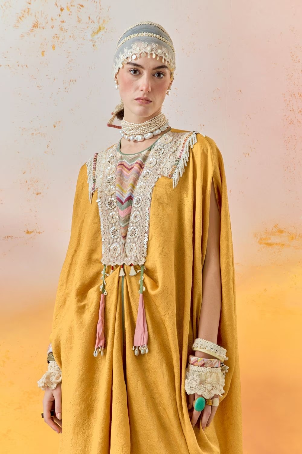 Yellow Topaz Mural Ritu Kaftan Tunic WIth Staright Trouser Set
