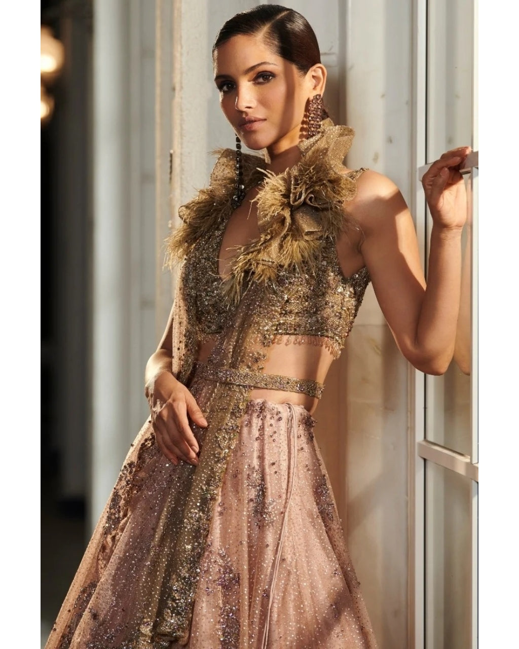 Seonna Pale Peach And A Jade Green Ombre Shimmer Tulle Lehenga Set