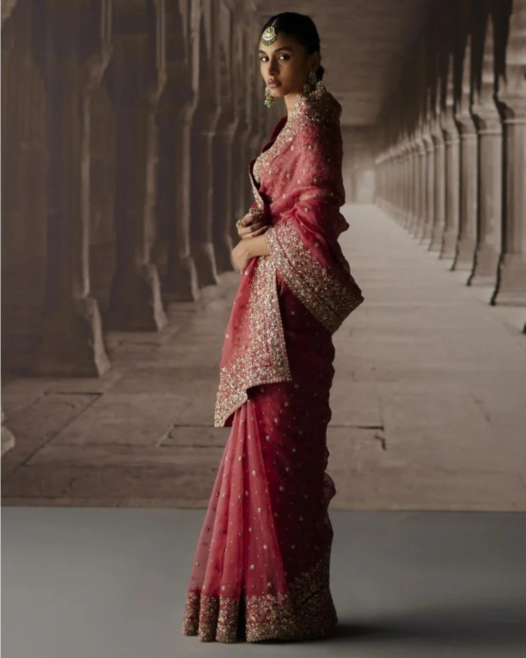 Red Sari With Jaal Blouse