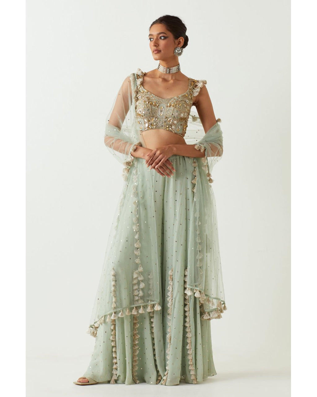 Mint Embroidered Choli With Sharara And Dupatta