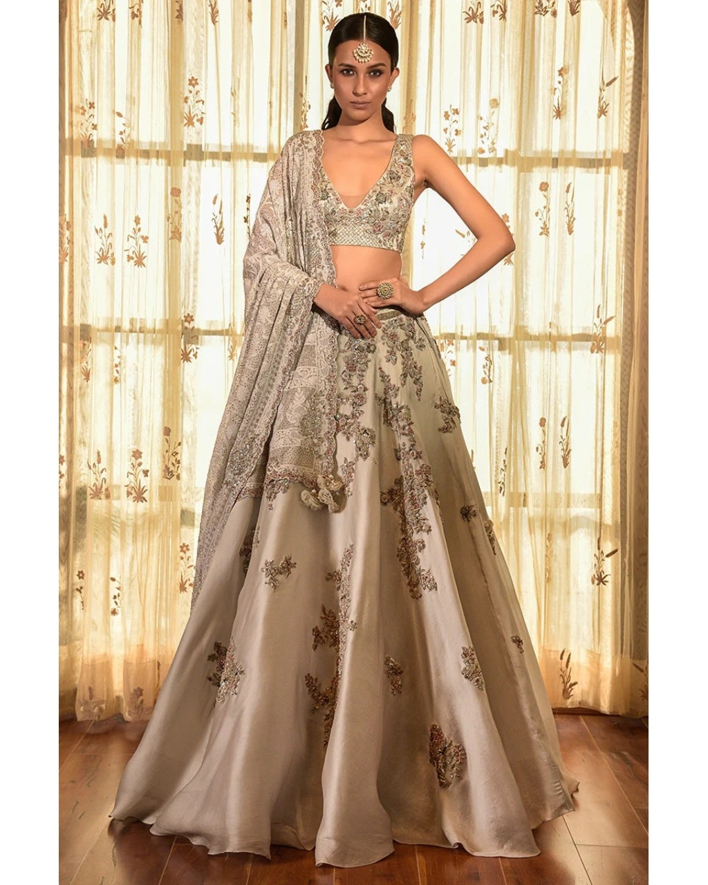 Persian Dust Organza Lehenga With Chikankari Dupatta