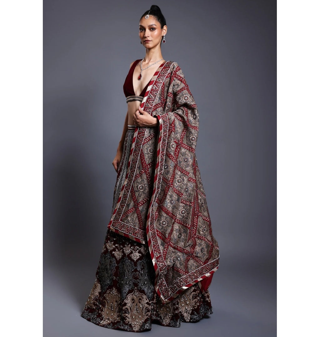 CF Applique Maroon Lehenga Set