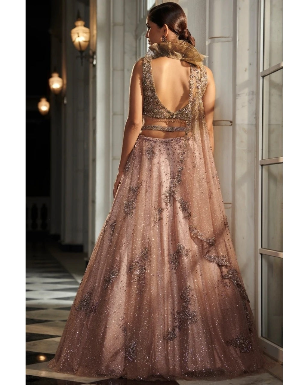 Seonna Pale Peach And A Jade Green Ombre Shimmer Tulle Lehenga Set