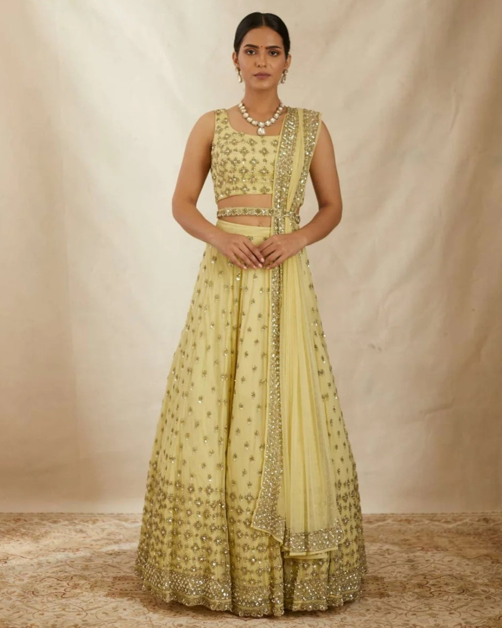 Yellow Net Embroidered Lehenga Set