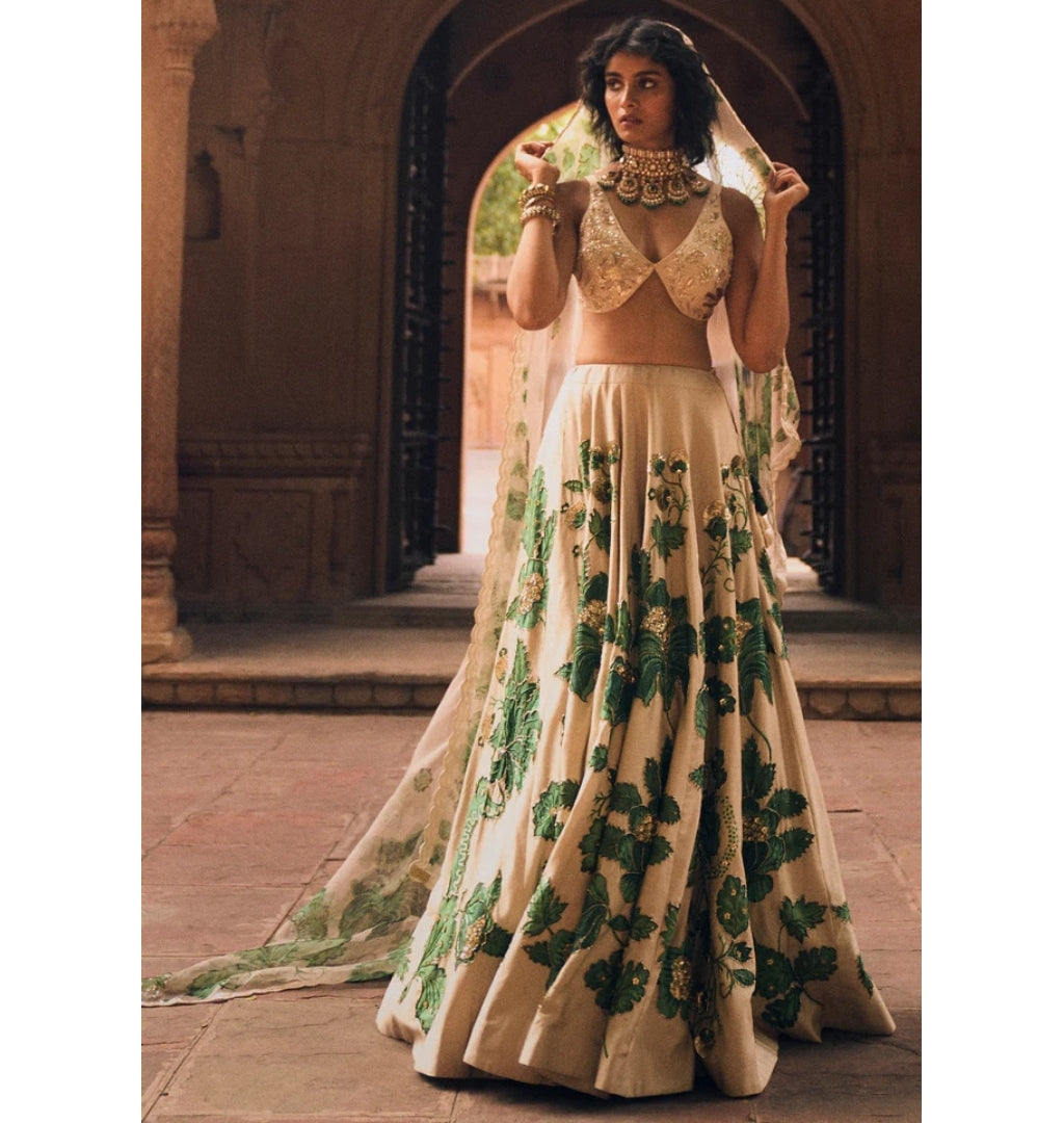 Green Floral Print Lehenga Set