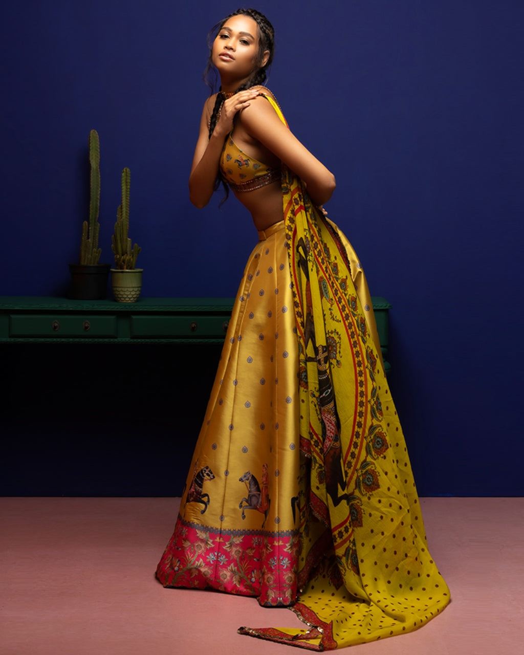 Mustard Placement Embroidery Lehenga Set