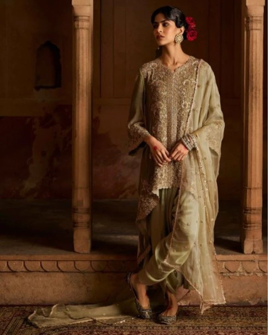 Light Green High-Low Velvet Kurta