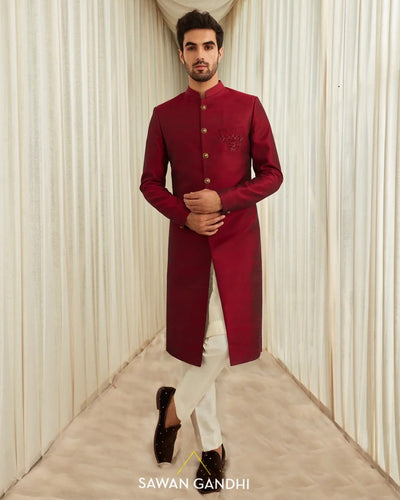 Maroon Raw Silk Sherwani Set