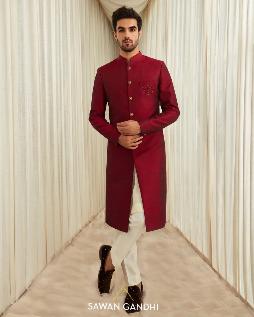 Maroon Raw Silk Sherwani Set