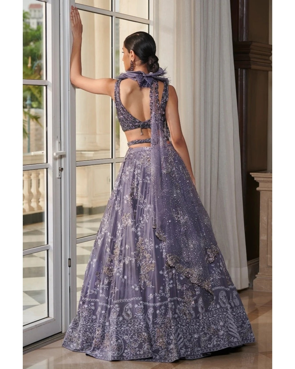 Nylah Leaden Blue Chikankari Chiffon Lehenga Set