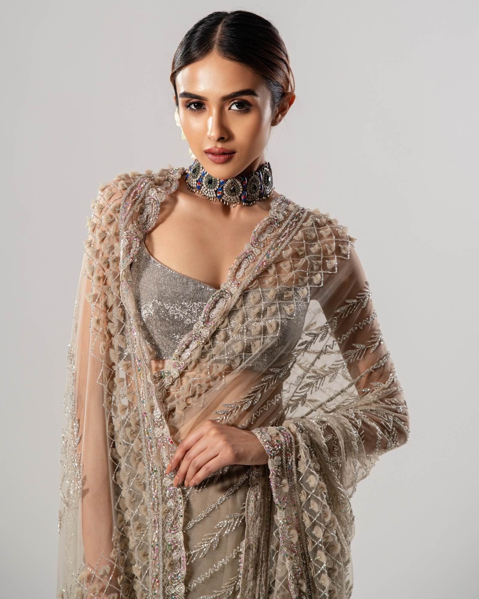 Tan Tulle Sari With 3D Petal Aanchal And Beaded Blouse