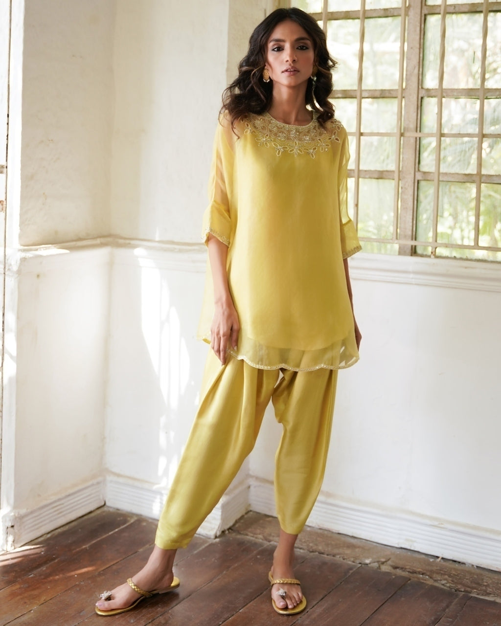 Yellow Lilly Kurta With Drape Pants