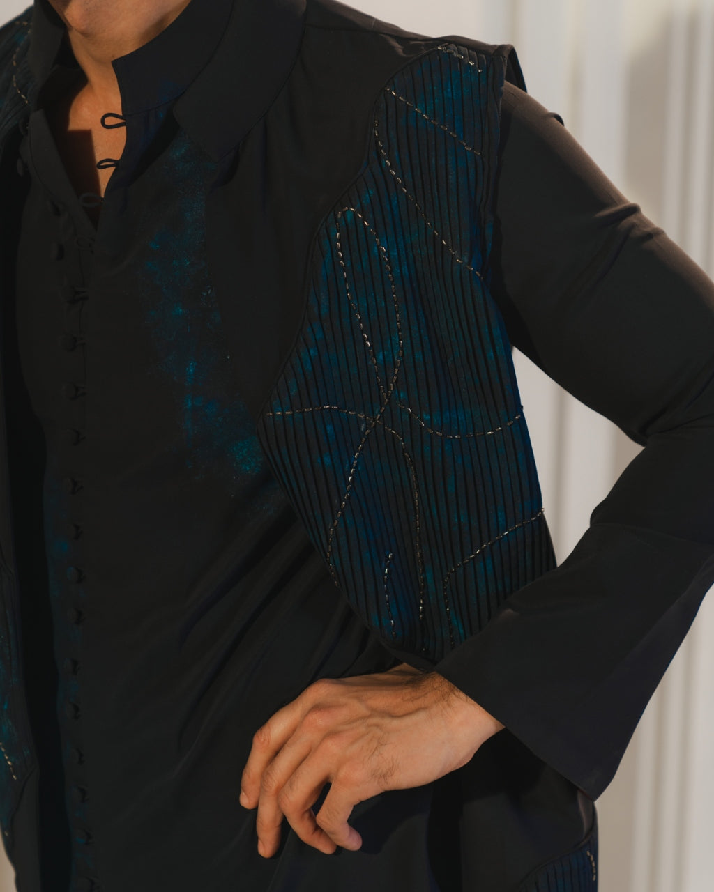 Midnight Blue Handpaint Painted Nehru Jacket Set