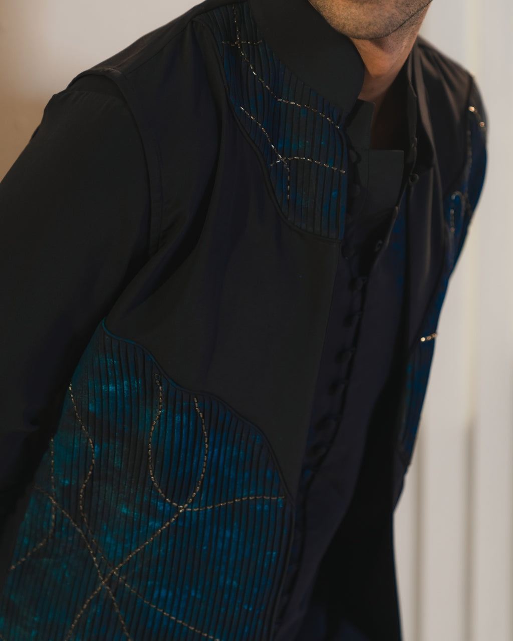 Midnight Blue Handpaint Painted Nehru Jacket Set