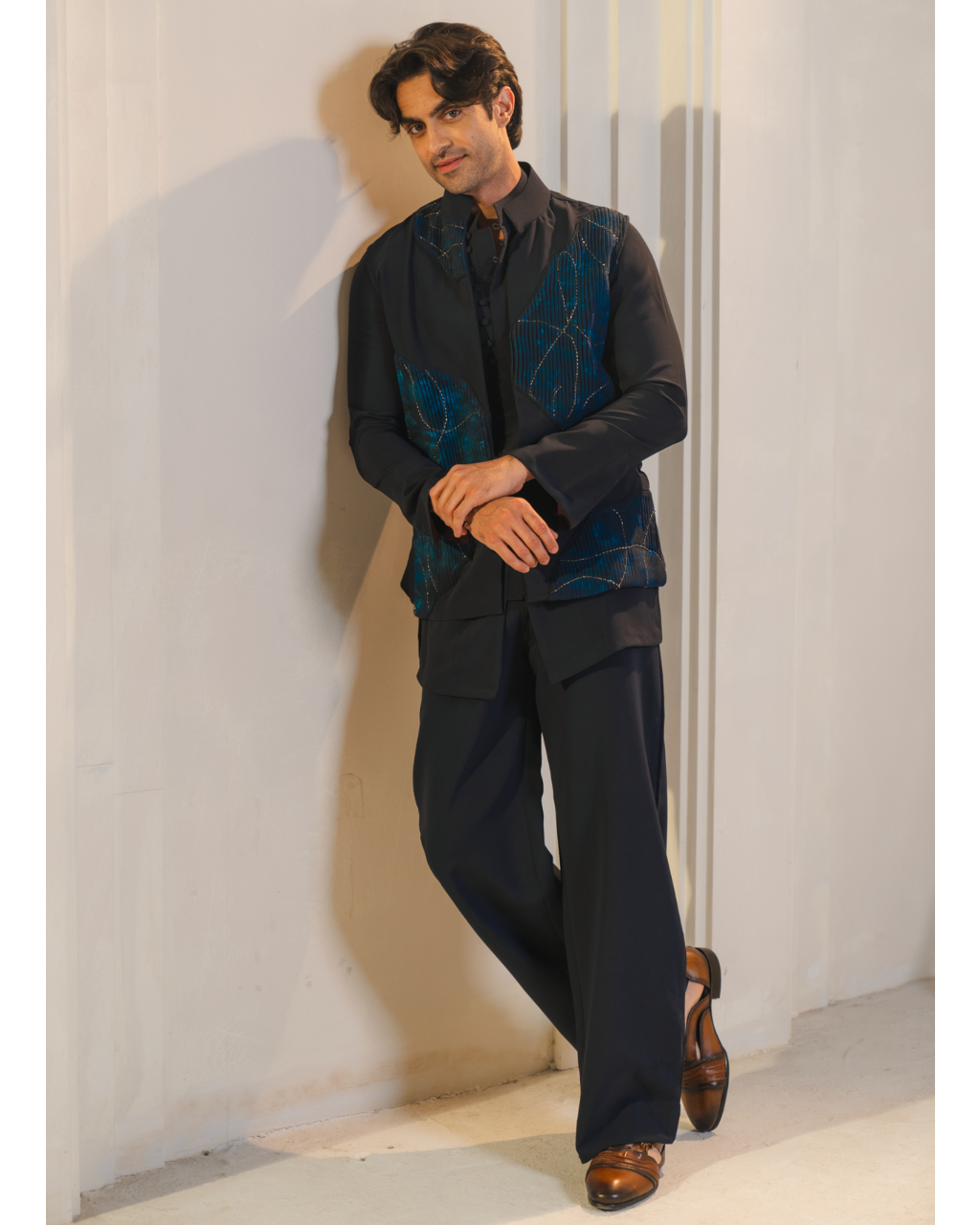 Midnight Blue Handpaint Painted Nehru Jacket Set