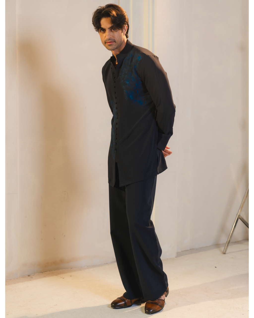 Midnight Blue Handpaint Painted Nehru Jacket Set