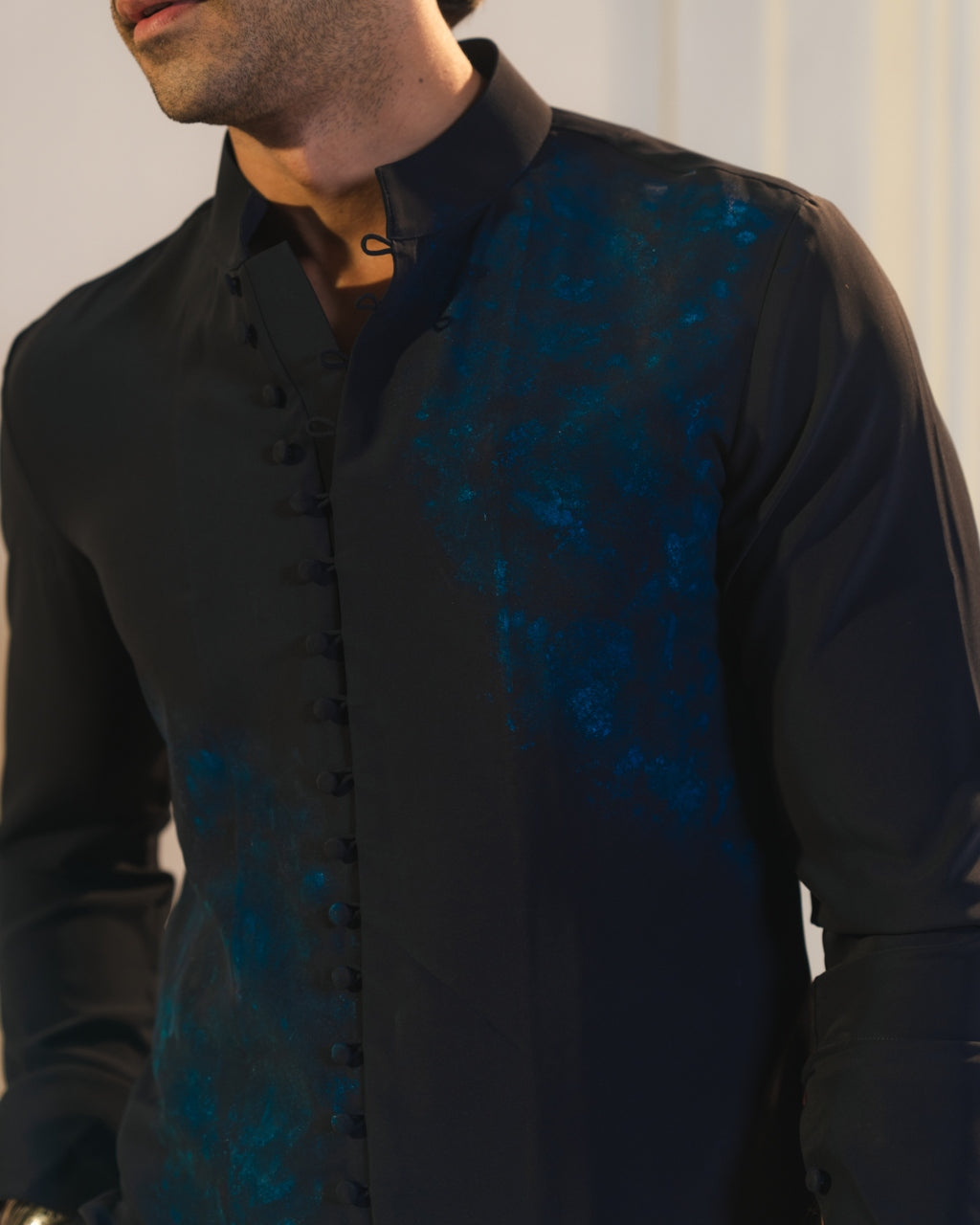 Midnight Blue Handpaint Painted Nehru Jacket Set