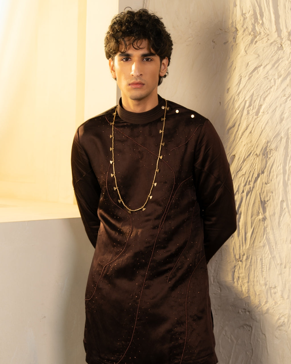 Dark Brown Linen Silk Embroidered Kurta Set