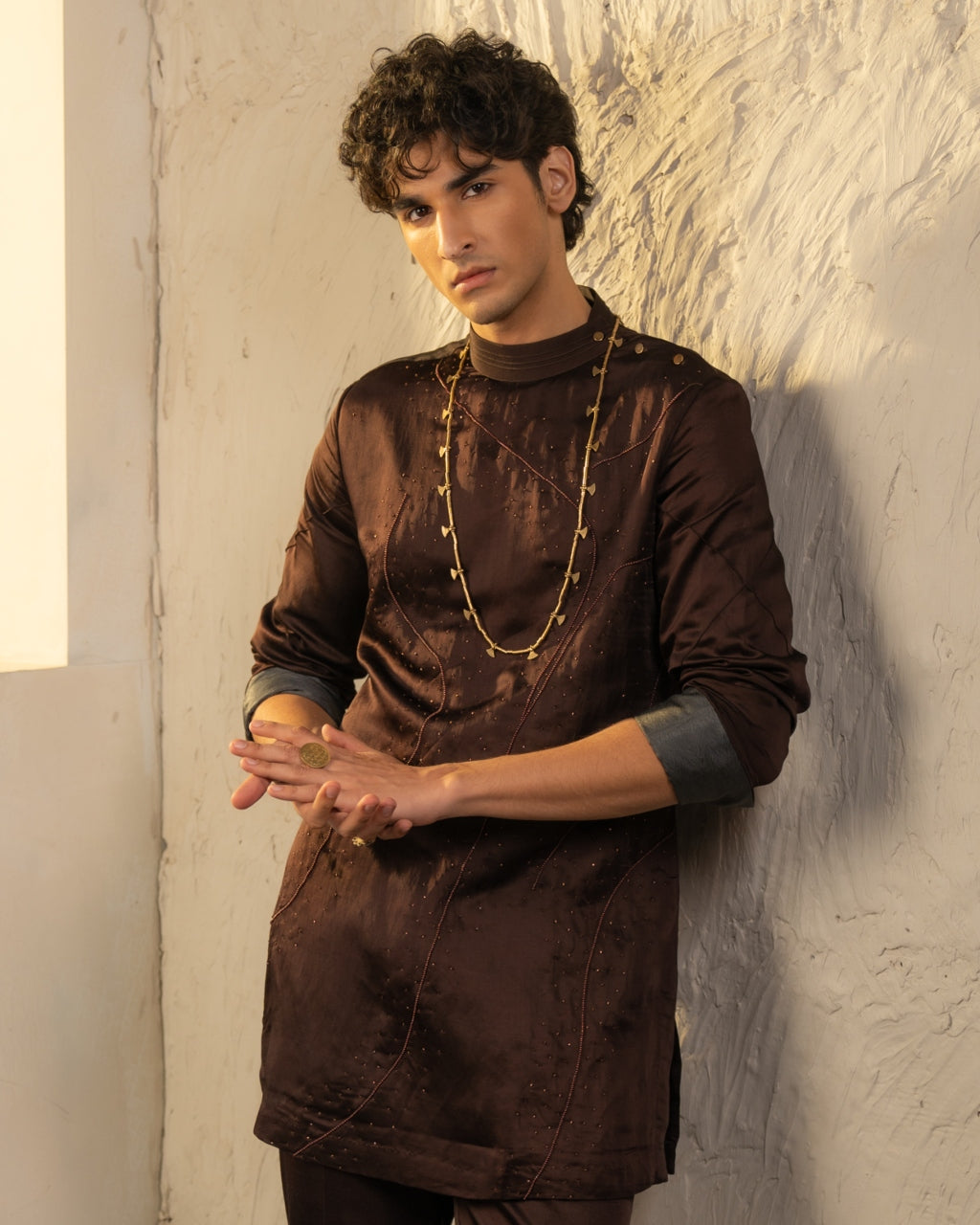 Dark Brown Linen Silk Embroidered Kurta Set