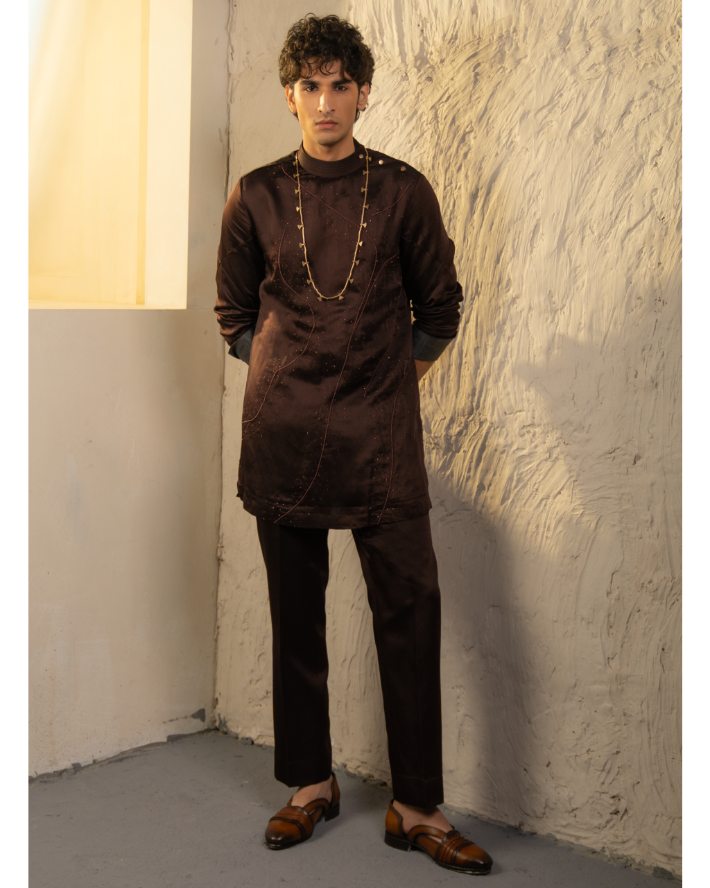Dark Brown Linen Silk Embroidered Kurta Set