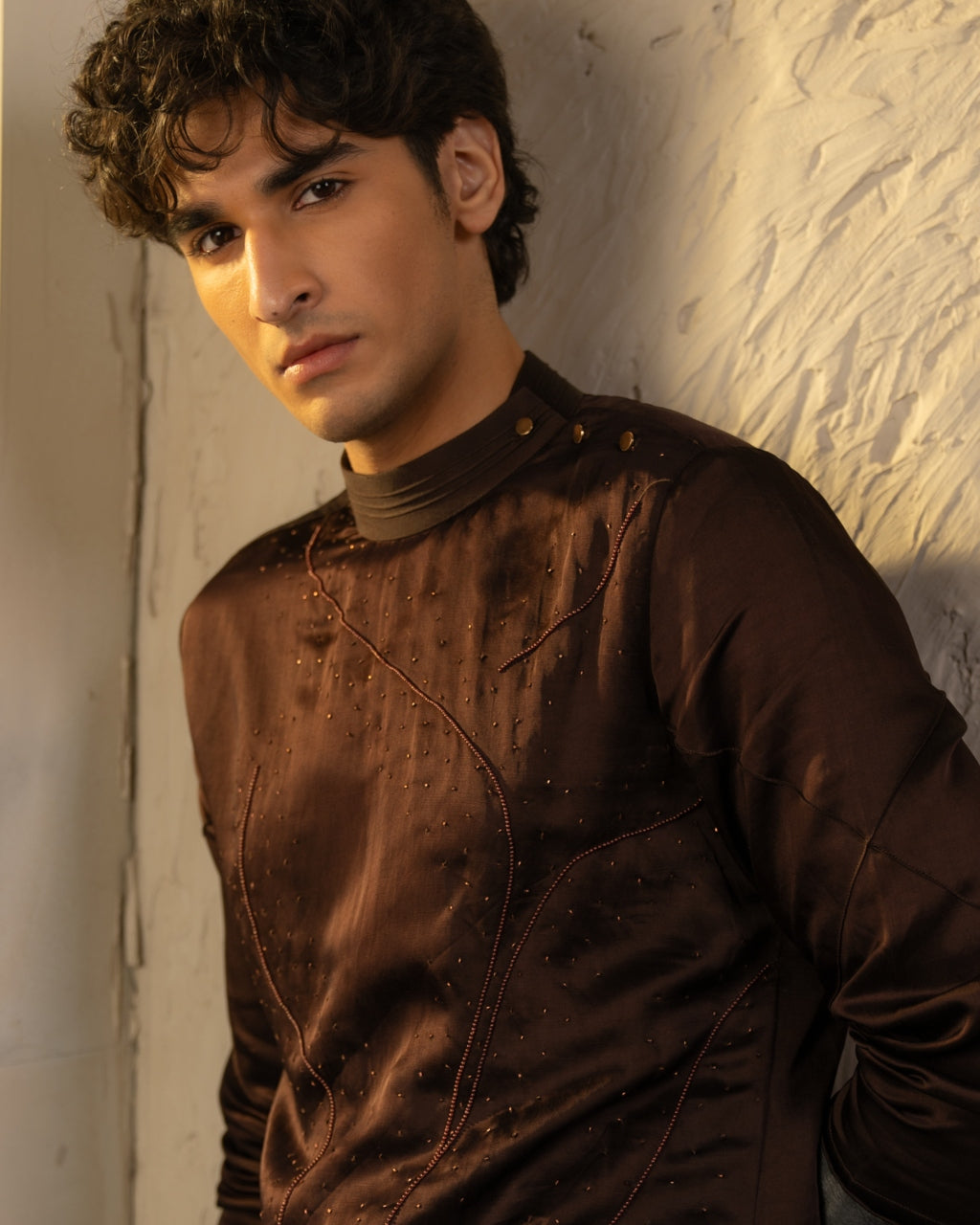 Dark Brown Linen Silk Embroidered Kurta Set