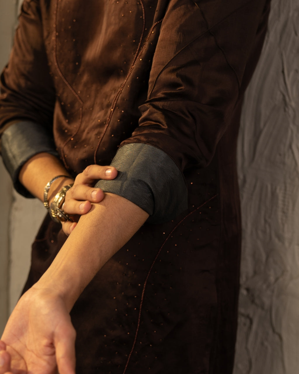 Dark Brown Linen Silk Embroidered Kurta Set