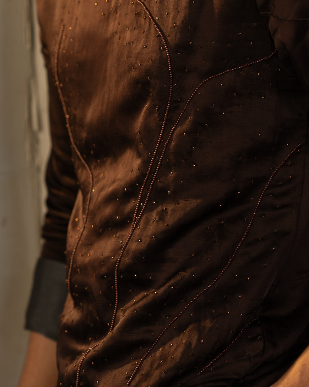 Dark Brown Linen Silk Embroidered Kurta Set